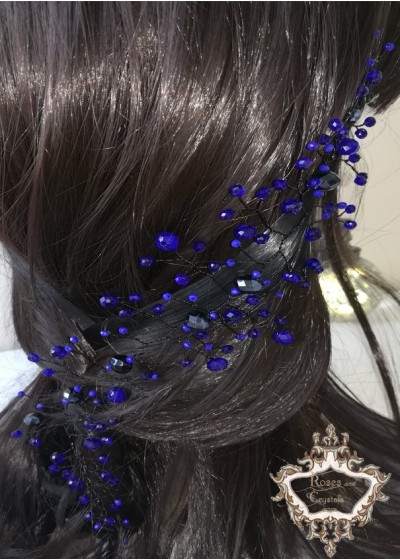 Дизайнерска украса за коса с кристали в кралско синьо и черно Midnight Magic by Rosie